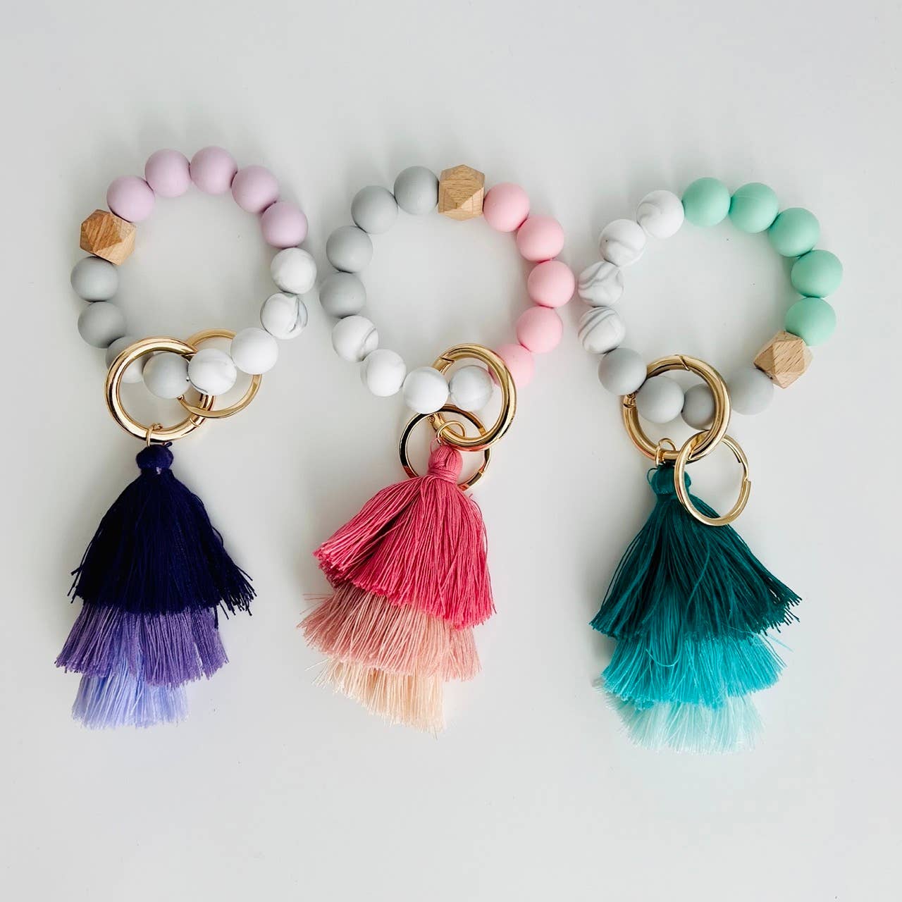 Bangle Keychain | Silicone Wristlet Key Ring | Ombre Tassel: White Leopard