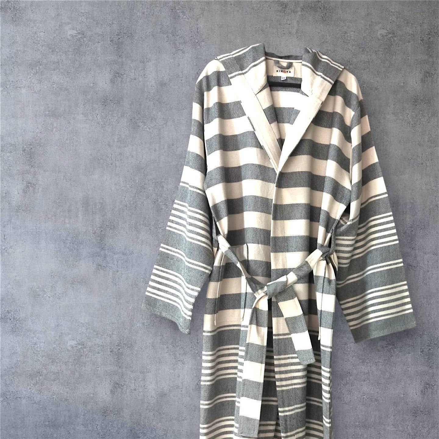 Bathrobe Turkish Cotton Lightweight Summer Hood Kimono Robe : Black / S-M