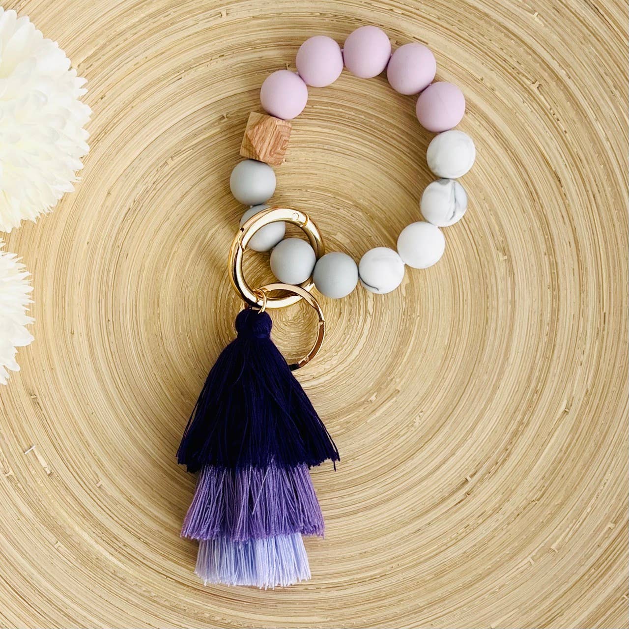 Bangle Keychain | Silicone Wristlet Key Ring | Ombre Tassel: White Leopard