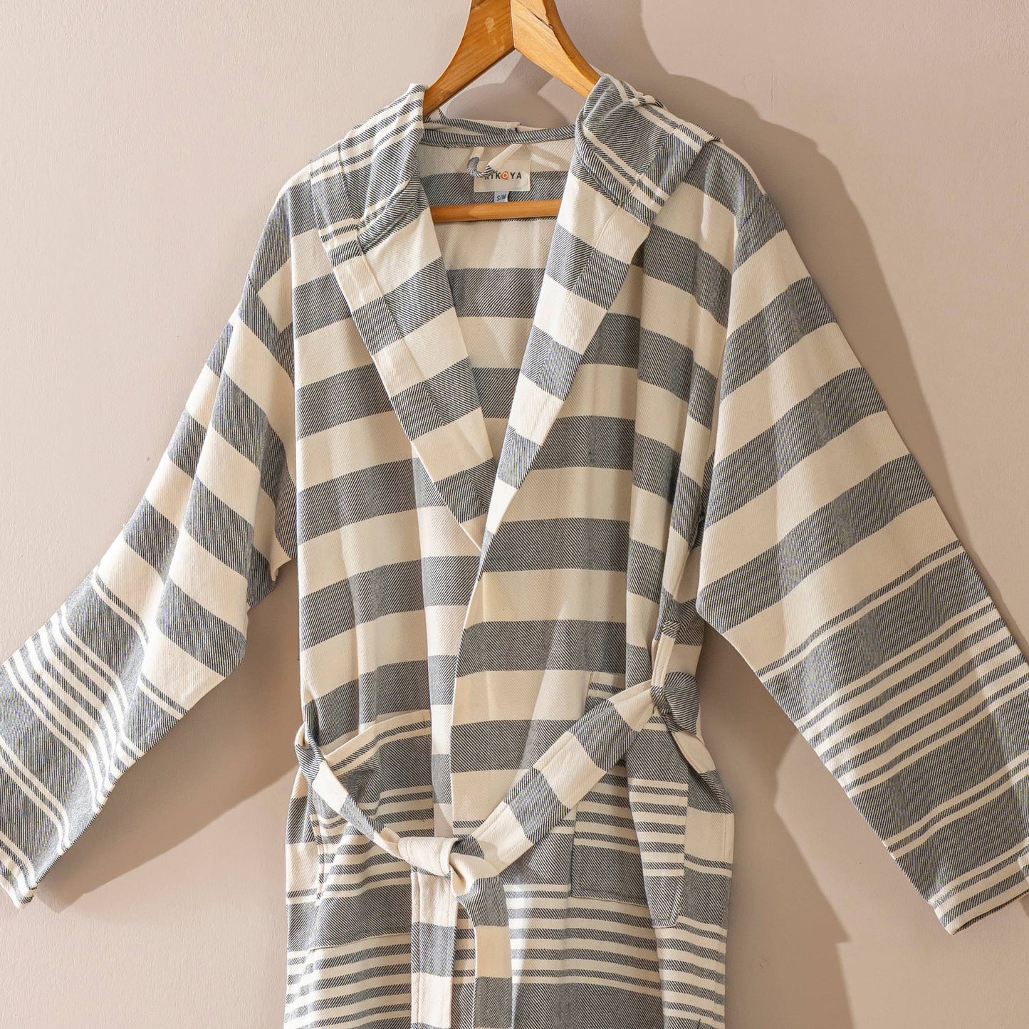 Bathrobe Turkish Cotton Lightweight Summer Hood Kimono Robe : Dark Gray / S-M