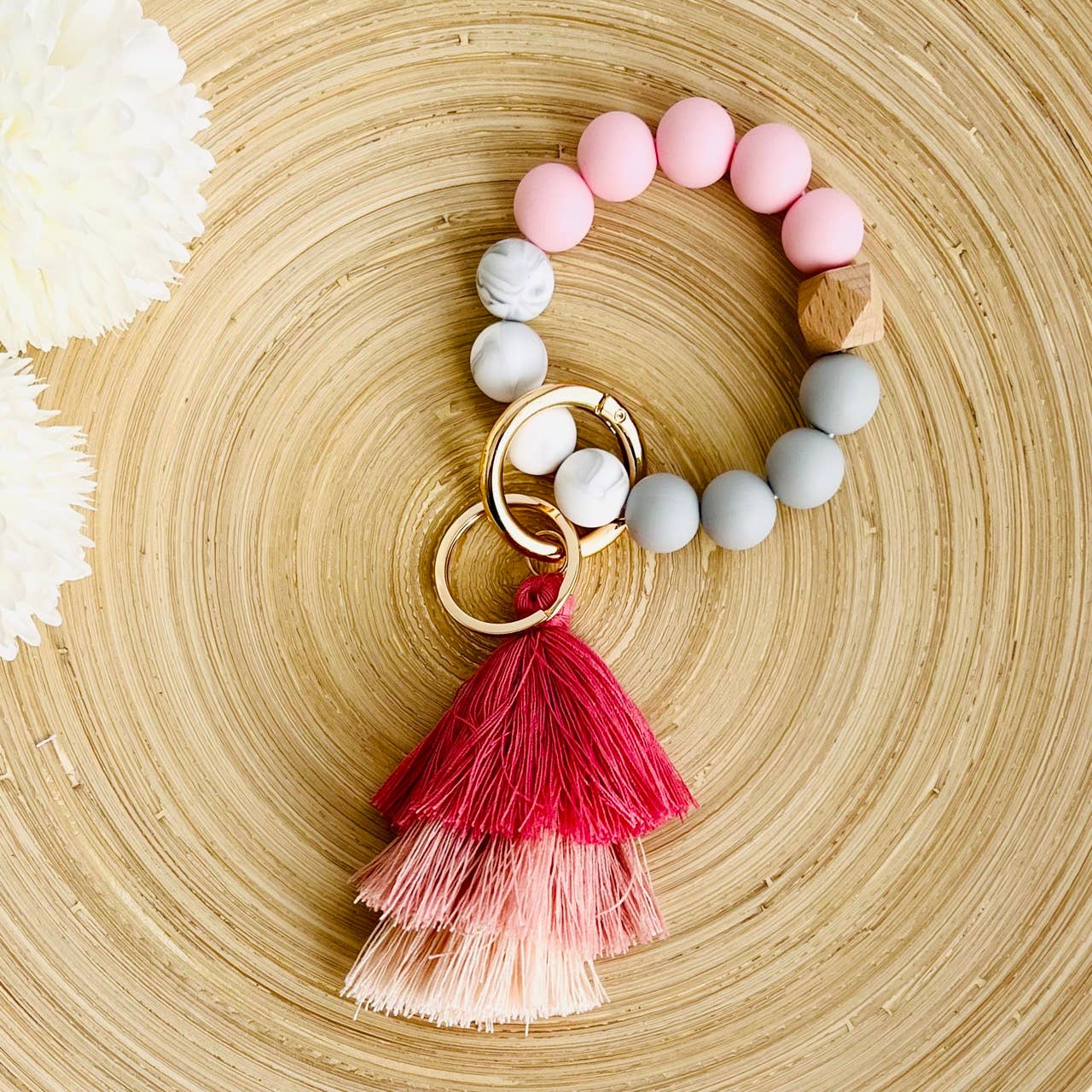 Bangle Keychain | Silicone Wristlet Key Ring | Ombre Tassel: White Leopard