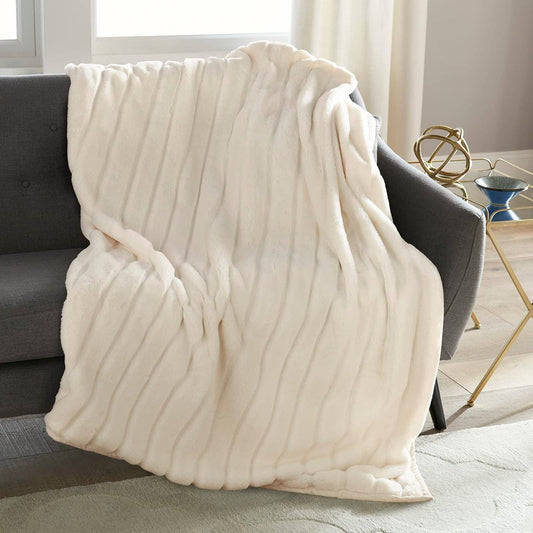 Channel Cut Faux Rabbit Fur Throw 50" x 60": Ivory