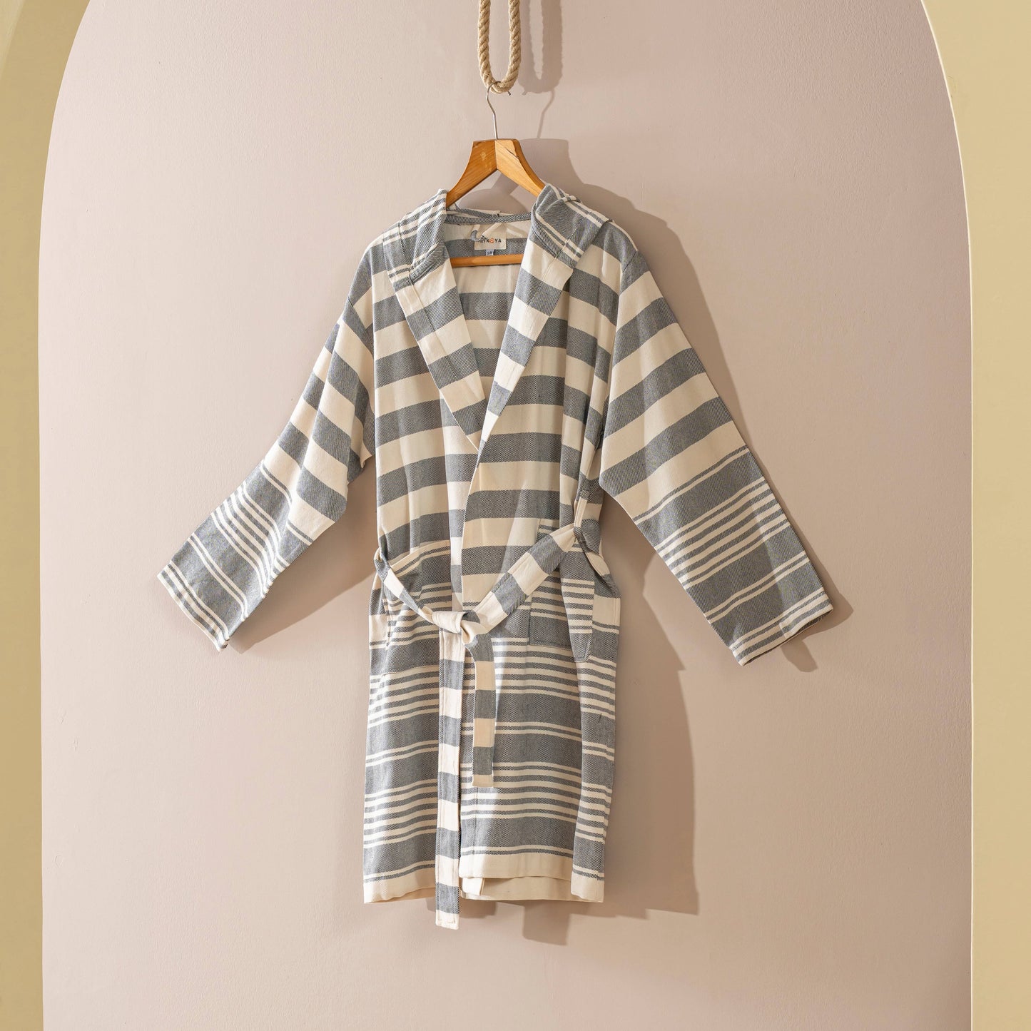 Bathrobe Turkish Cotton Lightweight Summer Hood Kimono Robe : Black / L-XL