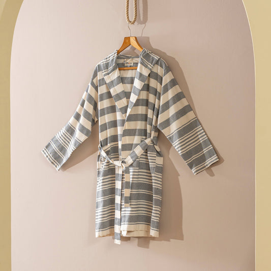 Bathrobe Turkish Cotton Lightweight Summer Hood Kimono Robe : Black / S-M