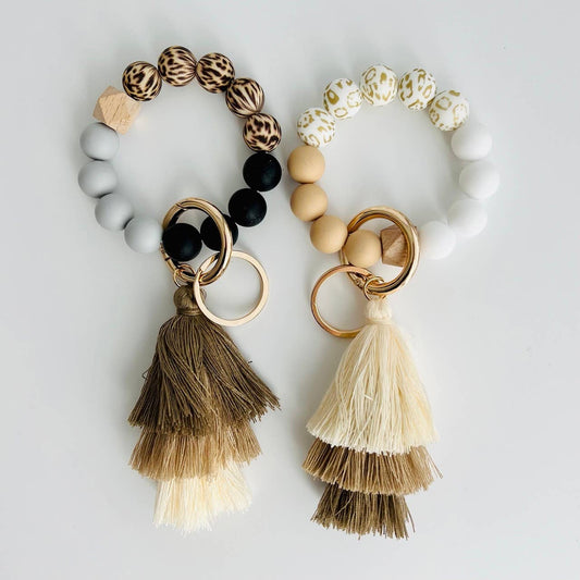 Bangle Keychain | Silicone Wristlet Key Ring | Ombre Tassel: White Leopard