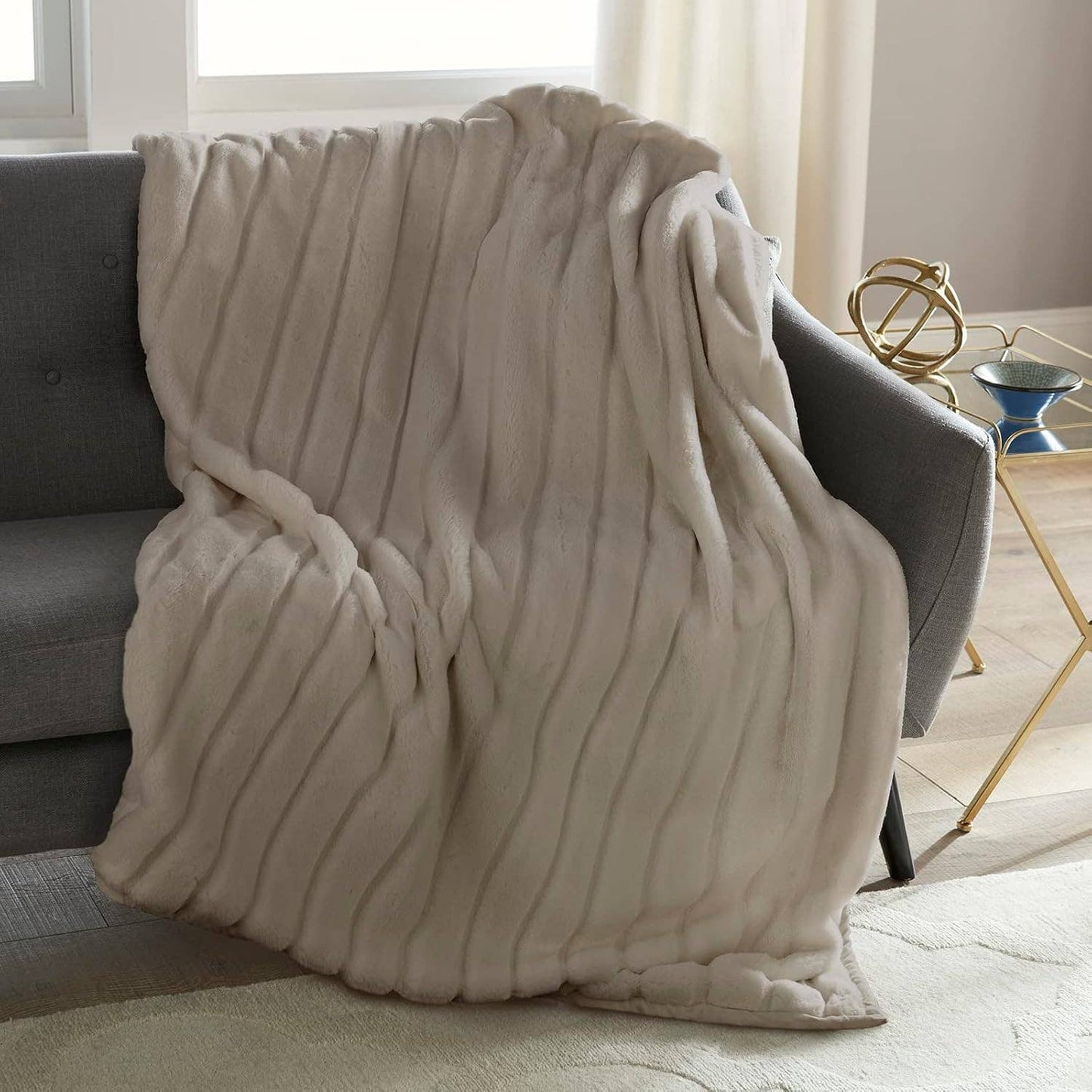 Channel Cut Faux Rabbit Fur Throw 50" x 60": Ivory