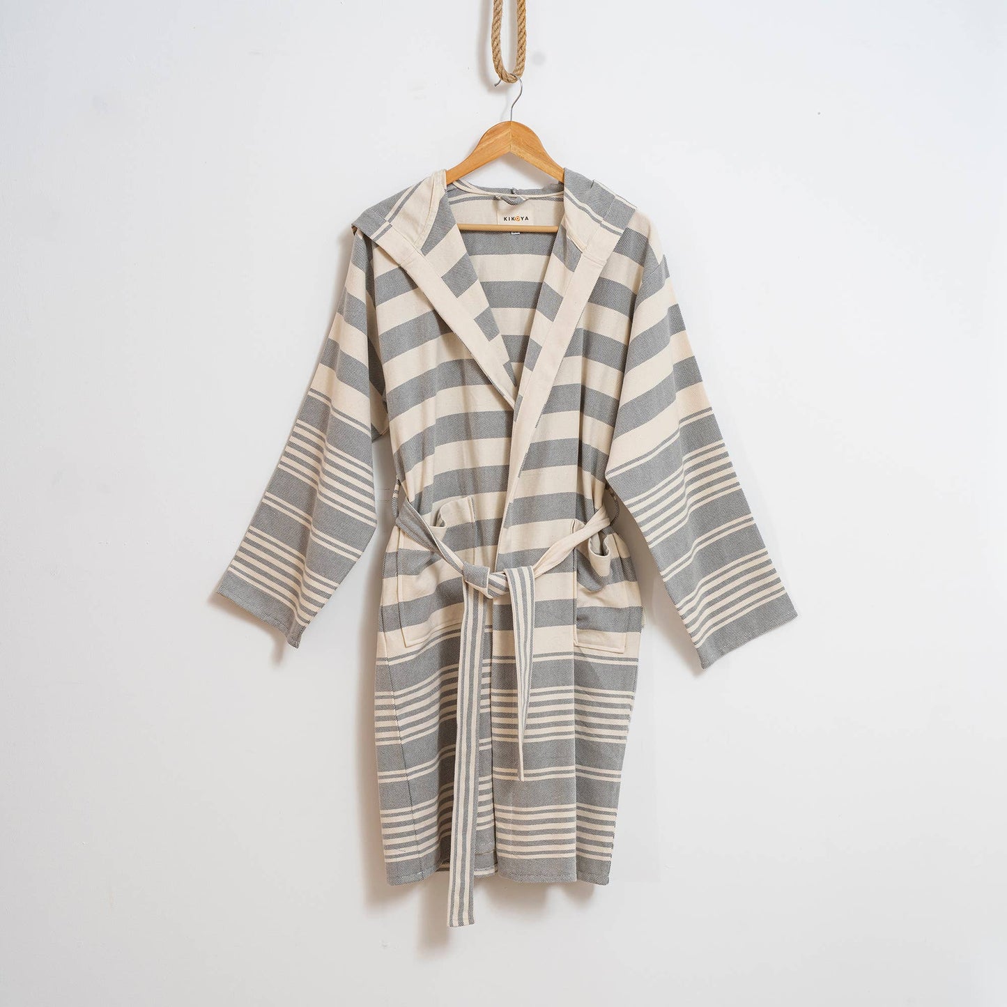 Bathrobe Turkish Cotton Lightweight Summer Hood Kimono Robe : Black / L-XL