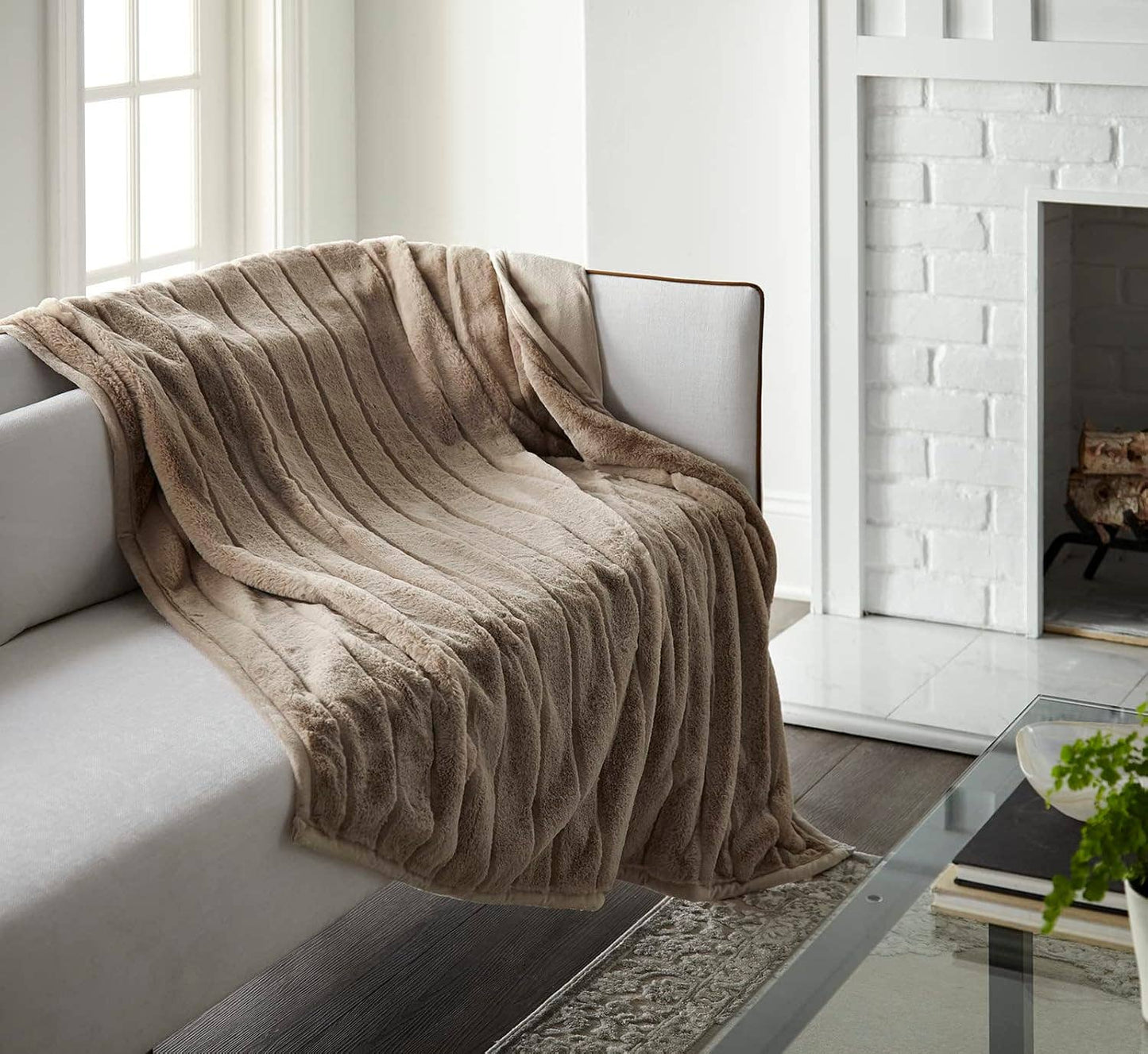 Channel Cut Faux Rabbit Fur Throw 50" x 60": Ivory