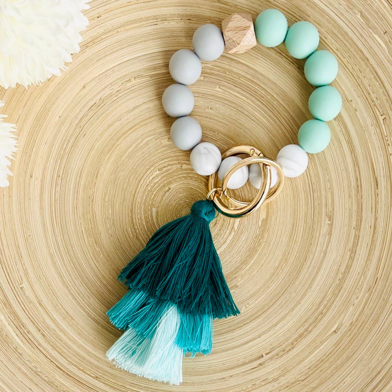 Bangle Keychain | Silicone Wristlet Key Ring | Ombre Tassel: White Leopard