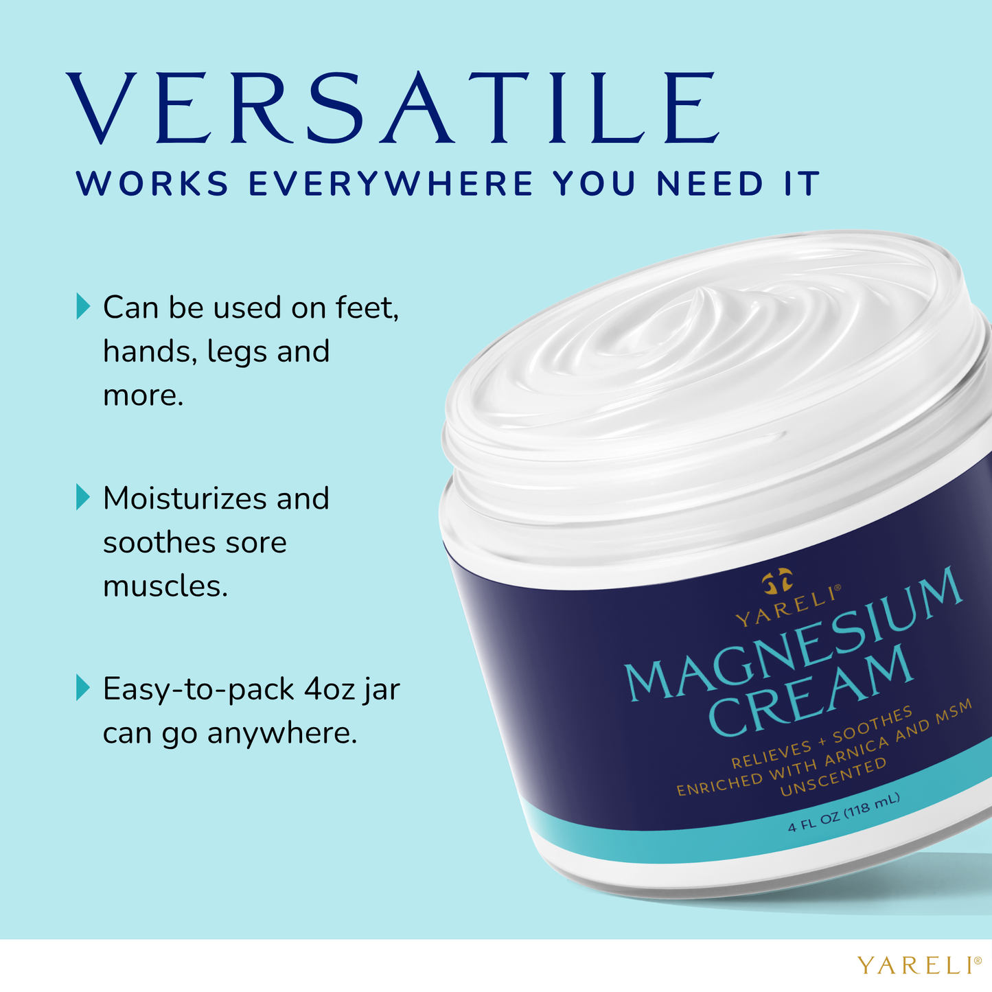 Yareli Magnesium Cream with Arnica and MSM, 4oz, Unscented