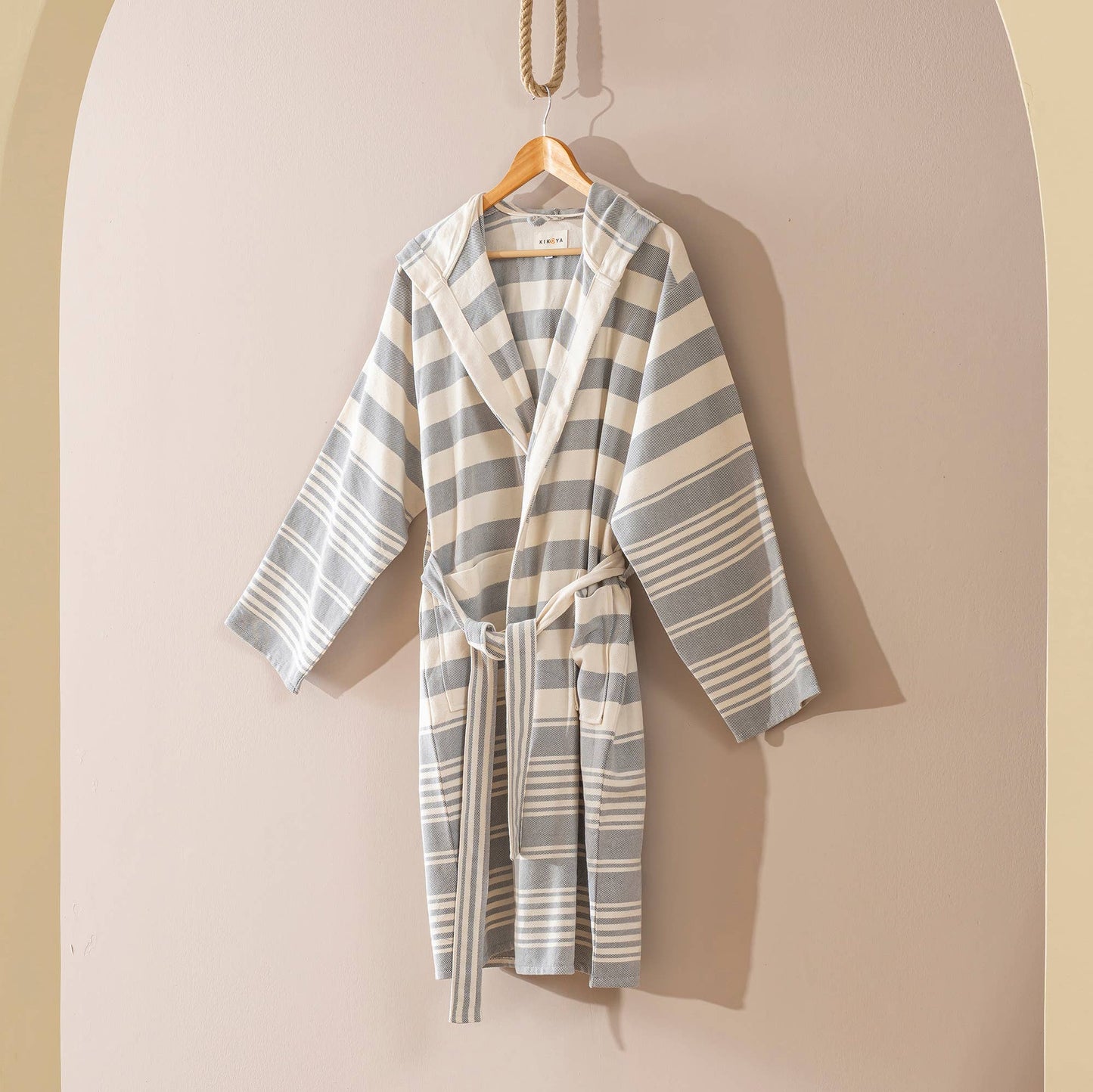 Bathrobe Turkish Cotton Lightweight Summer Hood Kimono Robe : Black / S-M