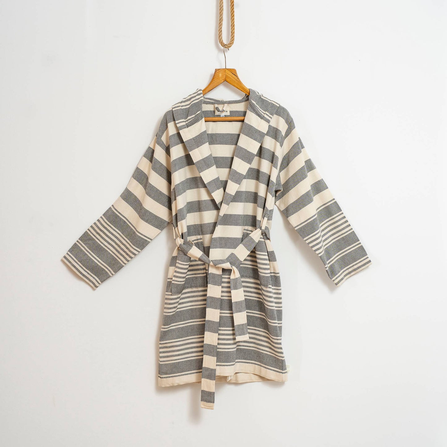 Bathrobe Turkish Cotton Lightweight Summer Hood Kimono Robe : Black / L-XL