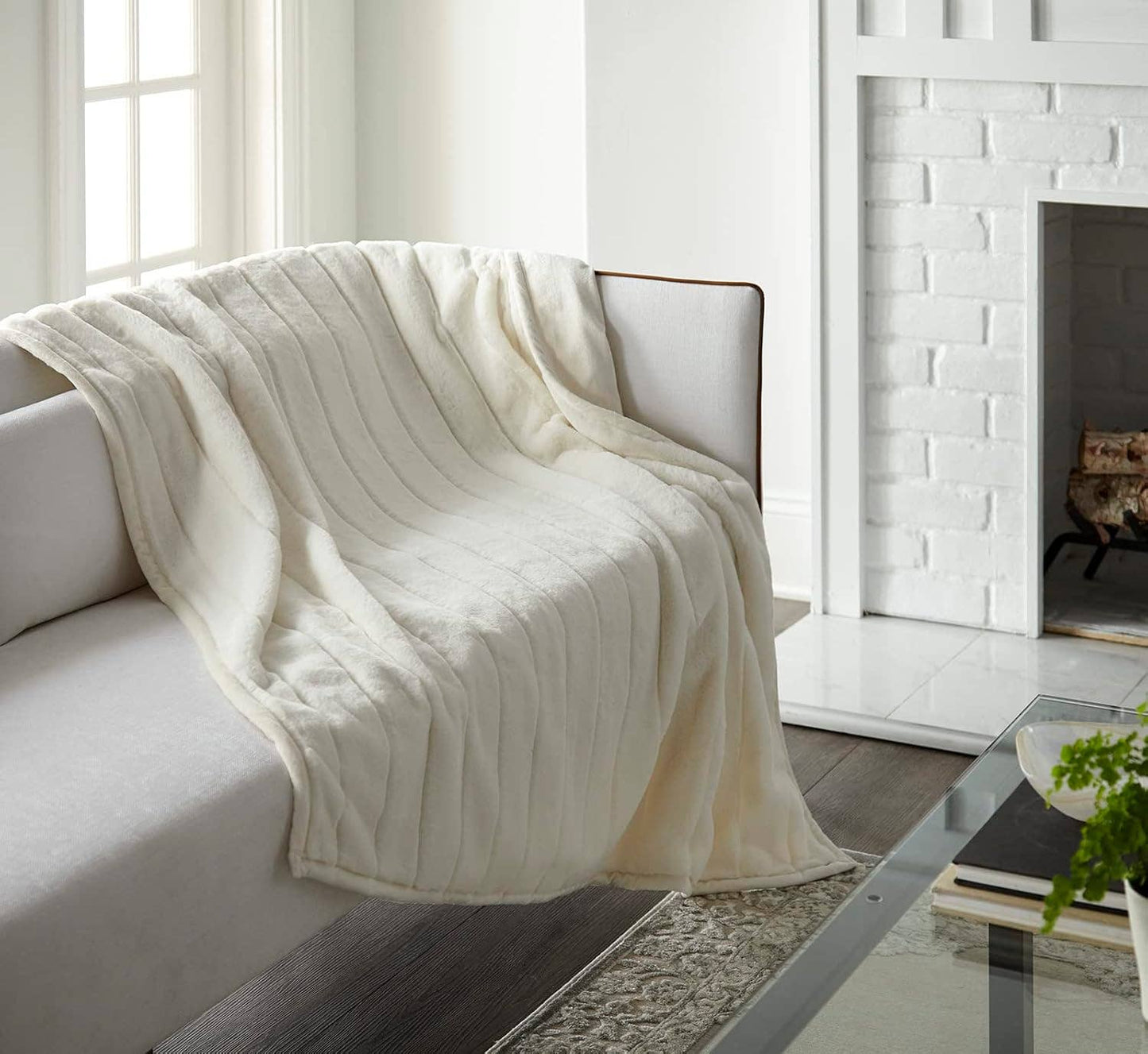 Channel Cut Faux Rabbit Fur Throw 50" x 60": Ivory